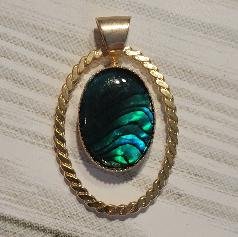 Abalone Shell Gold Tone Oval Statement Pendant Iridescent Artisan